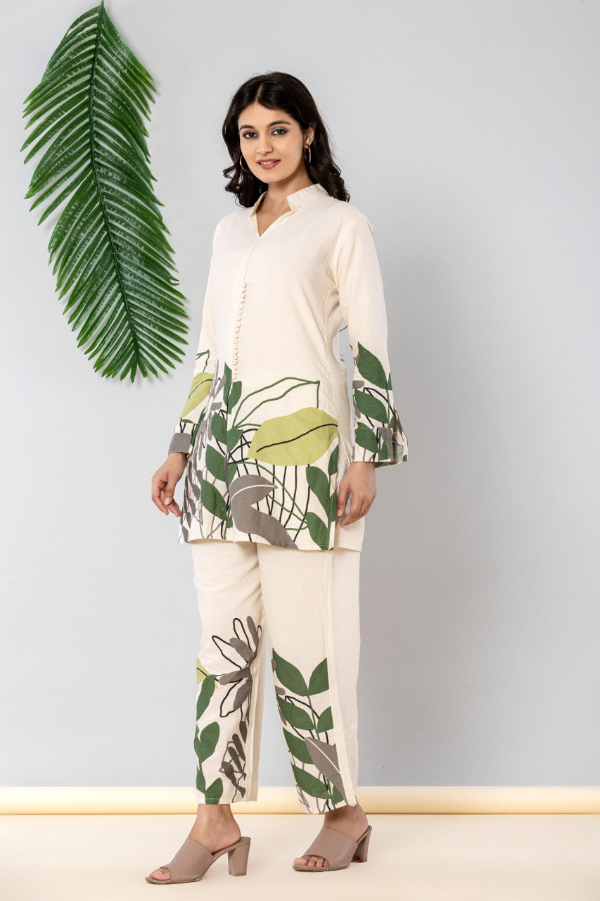 Grey & Green Cotton Kurta Pant Set