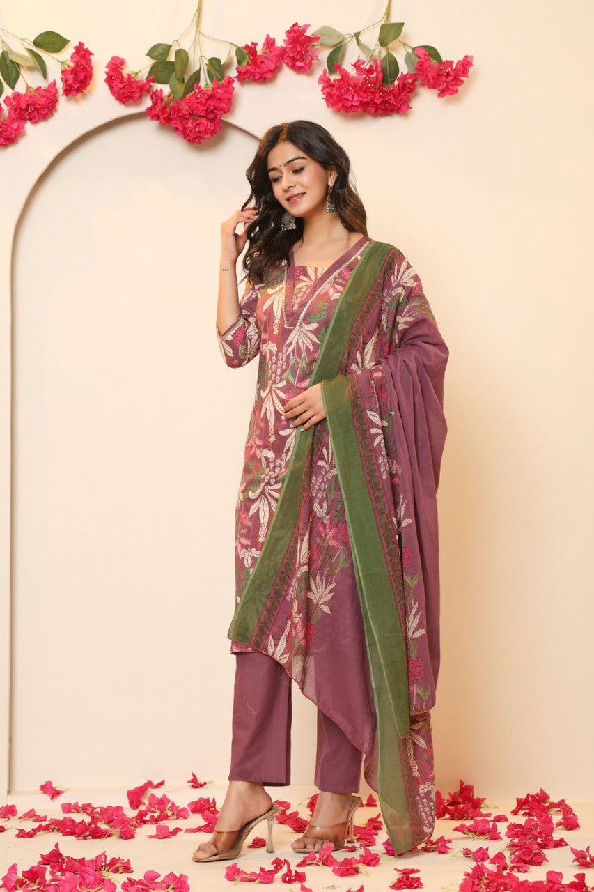Women's Maroon Cotton Blend Kurta Pant Set with Dupatta | Floral Print Ethnic Suit by Japer Fashion
