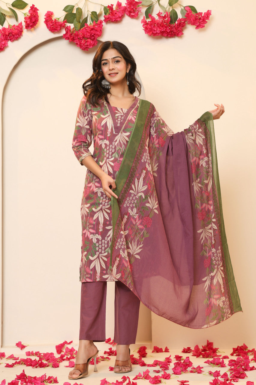 Women's Maroon Cotton Blend Kurta Pant Set with Dupatta | Floral Print Ethnic Suit by Japer Fashion