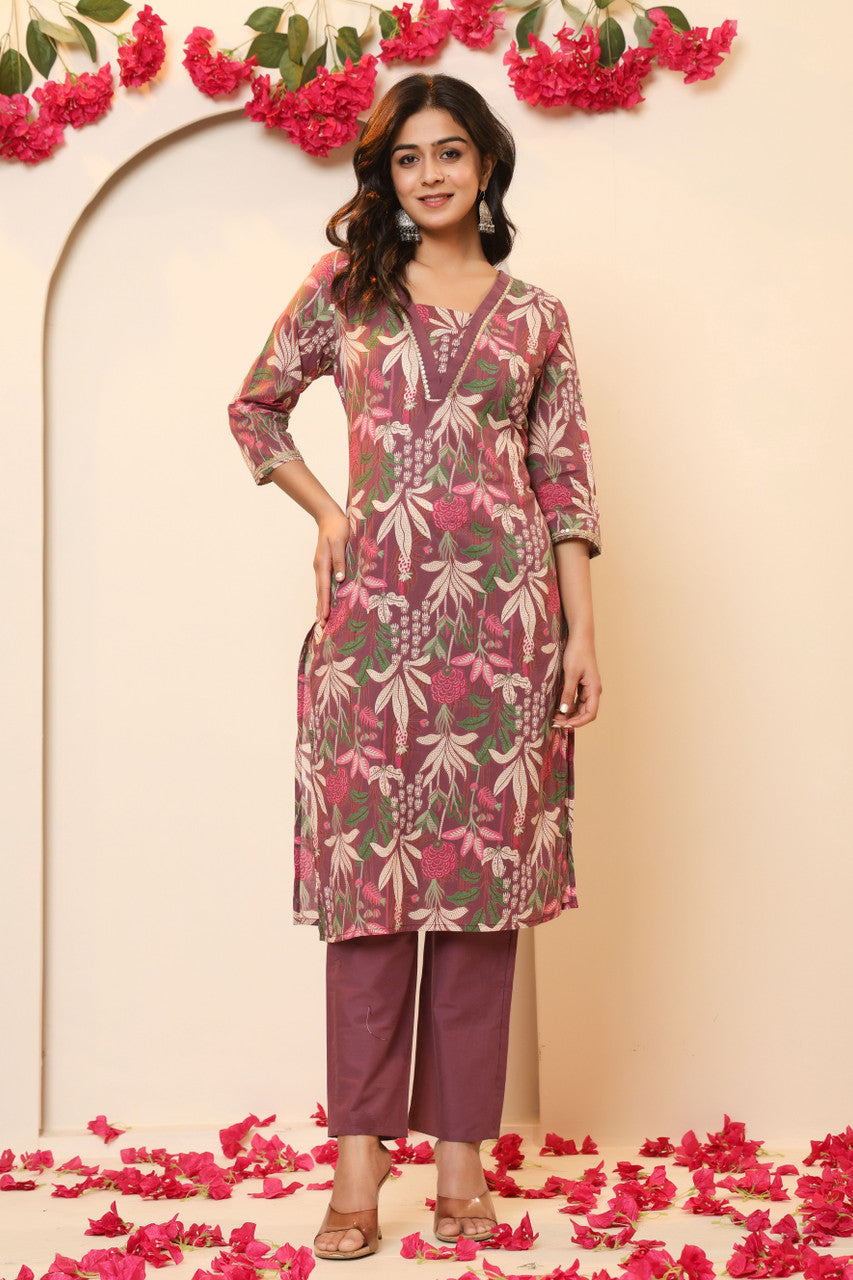 Women's Maroon Cotton Blend Kurta Pant Set with Dupatta | Floral Print Ethnic Suit by Japer Fashion