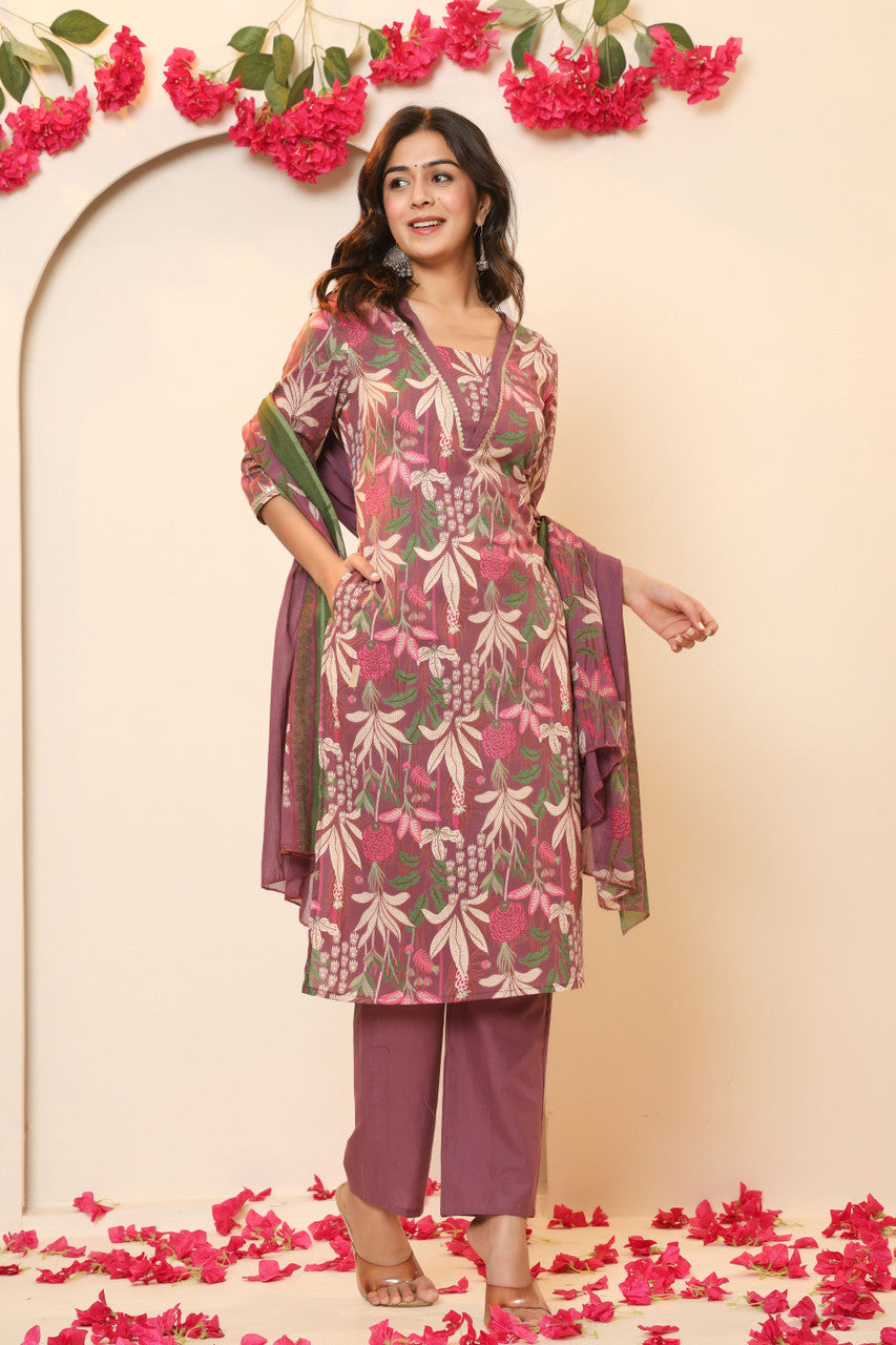 Women's Maroon Cotton Blend Kurta Pant Set with Dupatta | Floral Print Ethnic Suit by Japer Fashion