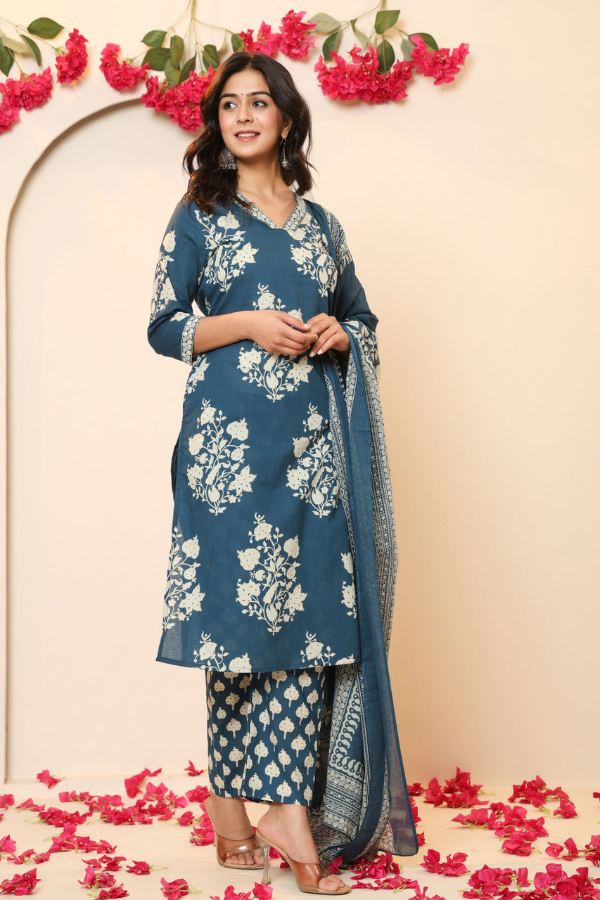 Women’s Cotton Blend Kurta Pant Set with Attached Dupatta - Light Blue
