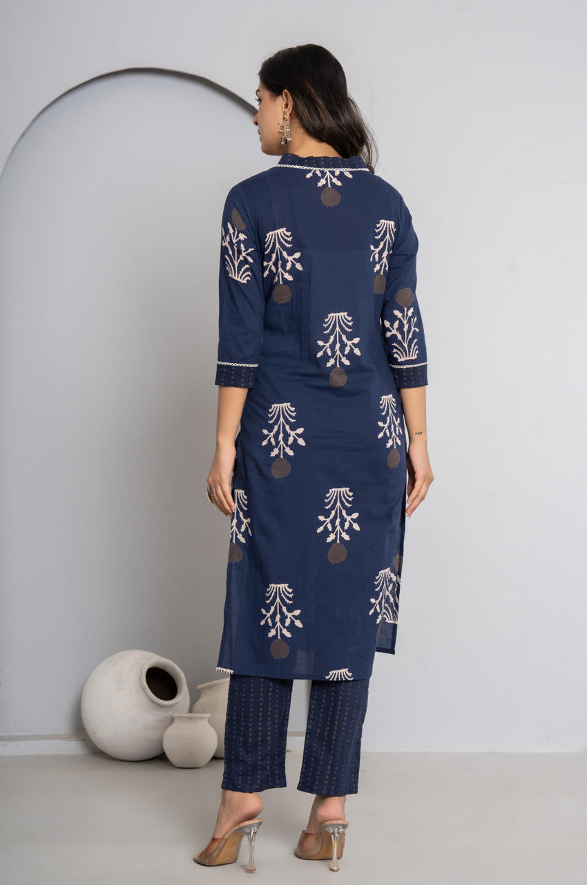 Women’s Cotton Kurta Pant Dupatta Set - Nile Blue, Embroidered Ethnic Wear