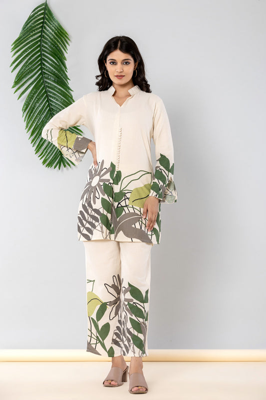 Grey & Green Cotton Kurta Pant Set