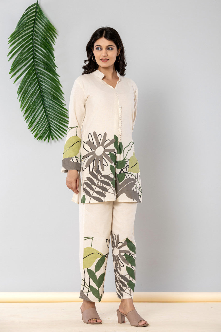 Grey & Green Cotton Kurta Pant Set
