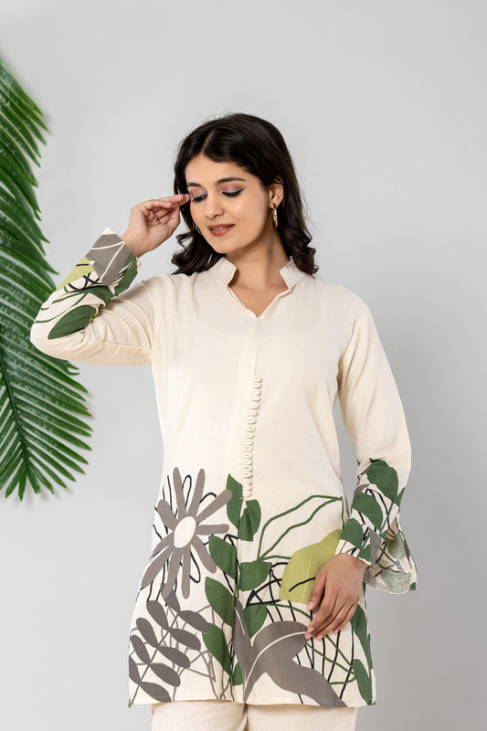 Grey & Green Cotton Kurta Pant Set