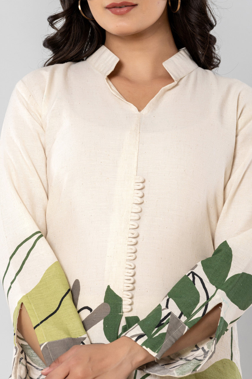 Grey & Green Cotton Kurta Pant Set