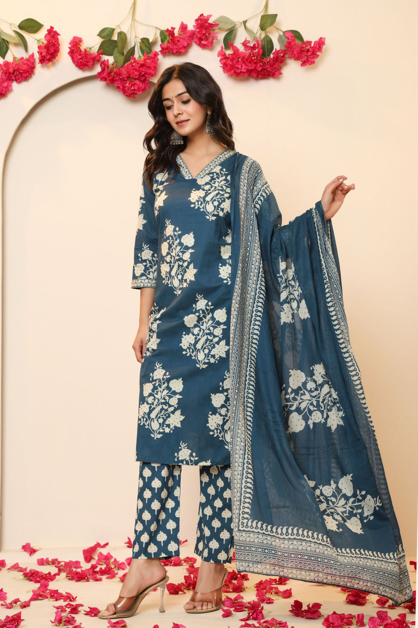 Women’s Cotton Blend Kurta Pant Set with Attached Dupatta - Light Blue