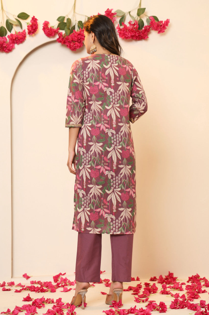 Women's Maroon Cotton Blend Kurta Pant Set with Dupatta | Floral Print Ethnic Suit by Japer Fashion