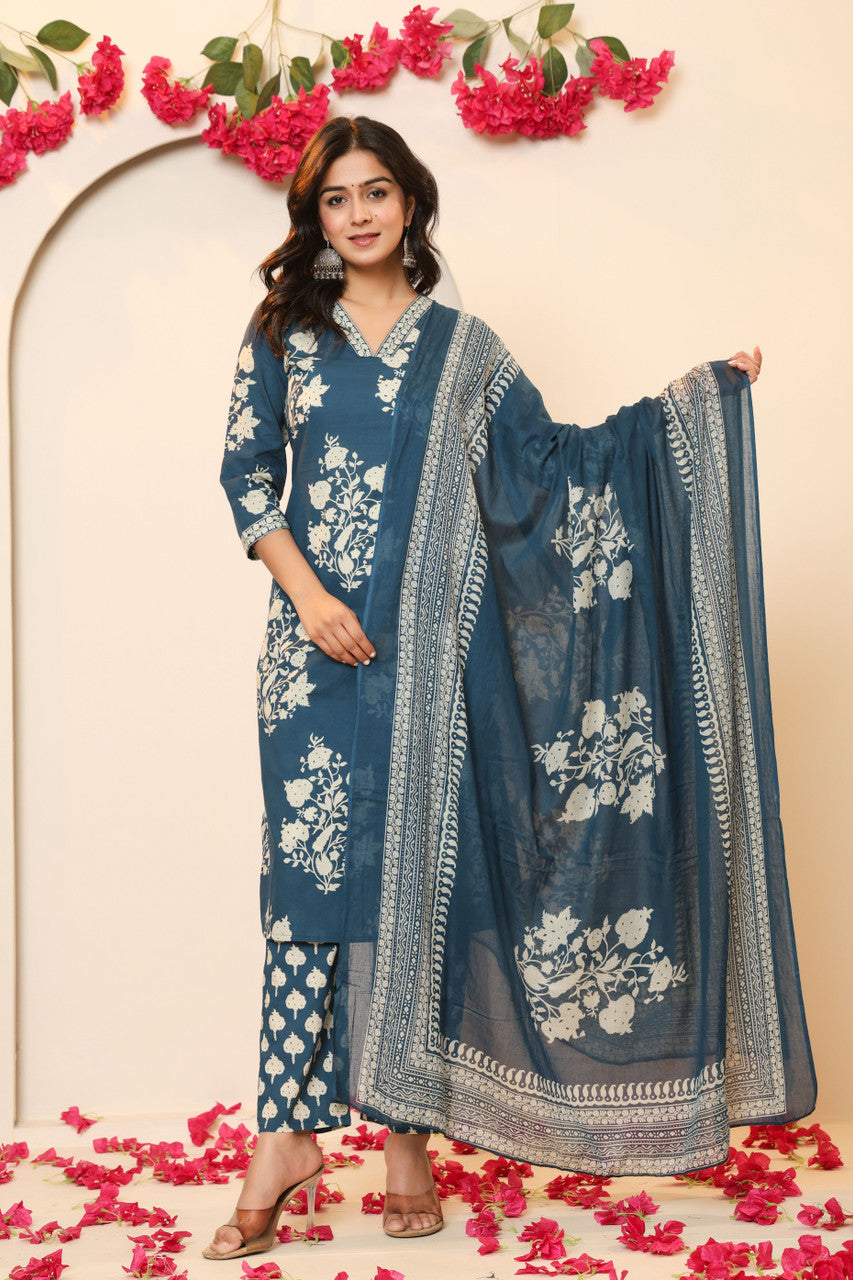 Women’s Cotton Blend Kurta Pant Set with Attached Dupatta - Light Blue