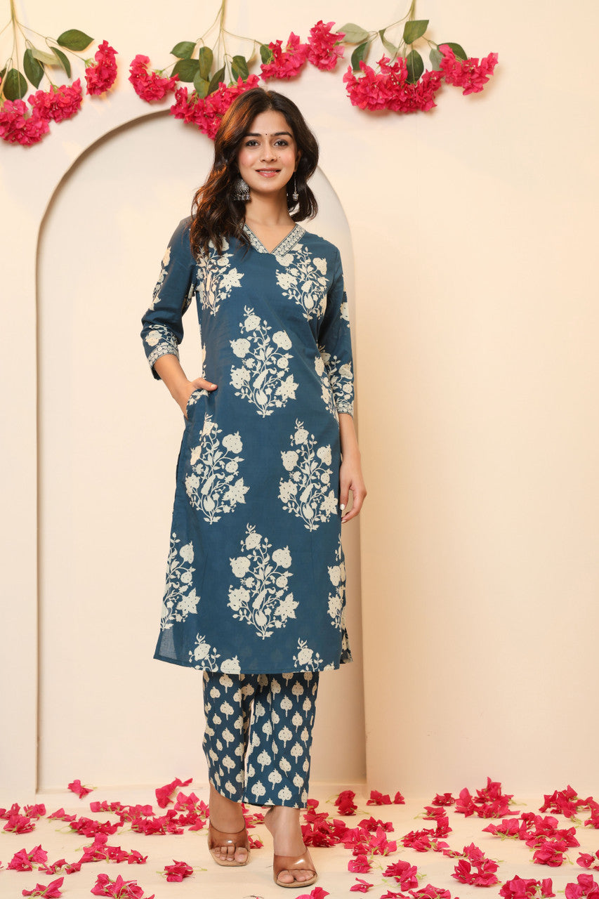 Women’s Cotton Blend Kurta Pant Set with Attached Dupatta - Light Blue