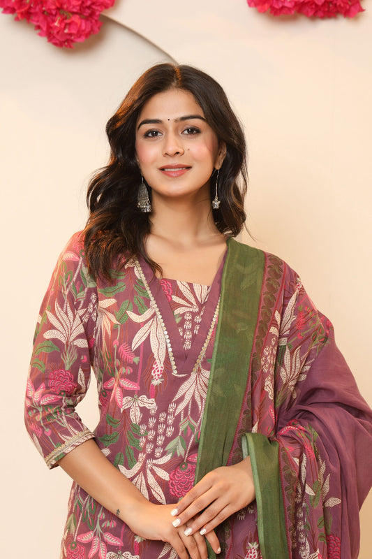 Women's Maroon Cotton Blend Kurta Pant Set with Dupatta | Floral Print Ethnic Suit by Japer Fashion