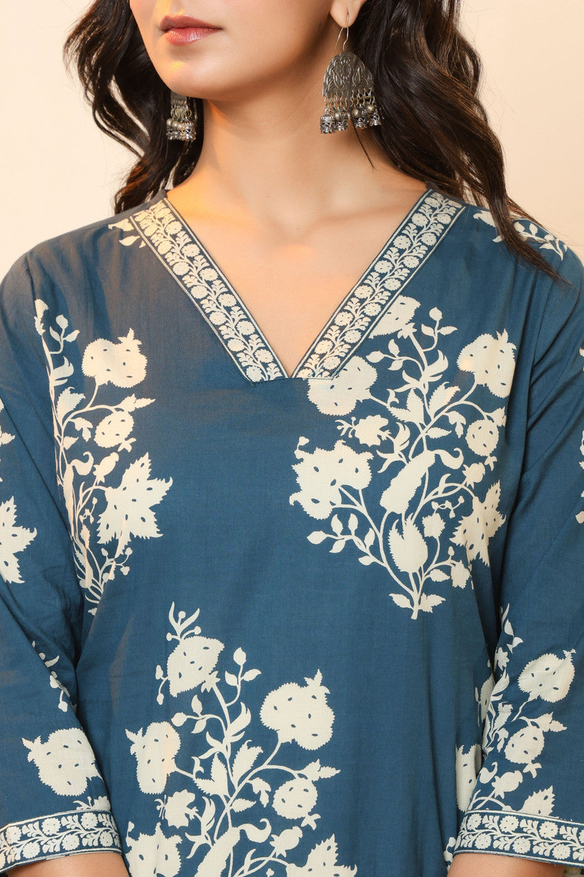 Women’s Cotton Blend Kurta Pant Set with Attached Dupatta - Light Blue