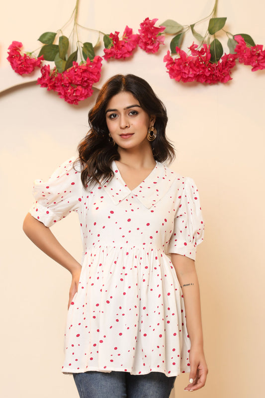 Women's White & Red Polka Dot Peplum Top with Puff Sleeves | Japer Fashion Summer Cotton Top