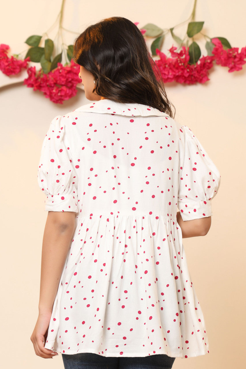 Women's White & Red Polka Dot Peplum Top with Puff Sleeves | Japer Fashion Summer Cotton Top