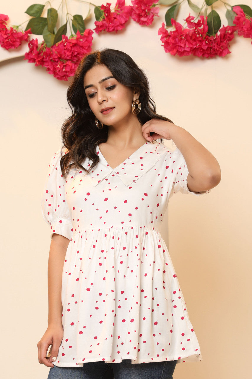 Women's White & Red Polka Dot Peplum Top with Puff Sleeves | Japer Fashion Summer Cotton Top