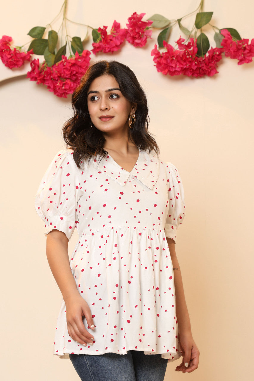 Women's White & Red Polka Dot Peplum Top with Puff Sleeves | Japer Fashion Summer Cotton Top