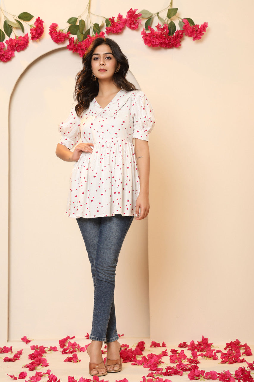 Women's White & Red Polka Dot Peplum Top with Puff Sleeves | Japer Fashion Summer Cotton Top