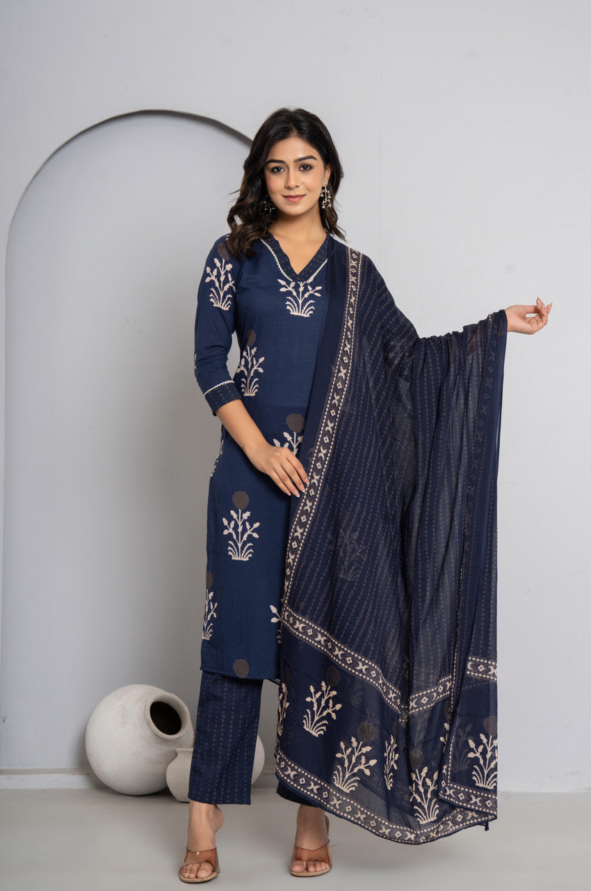 Women’s Cotton Kurta Pant Dupatta Set - Nile Blue, Embroidered Ethnic Wear