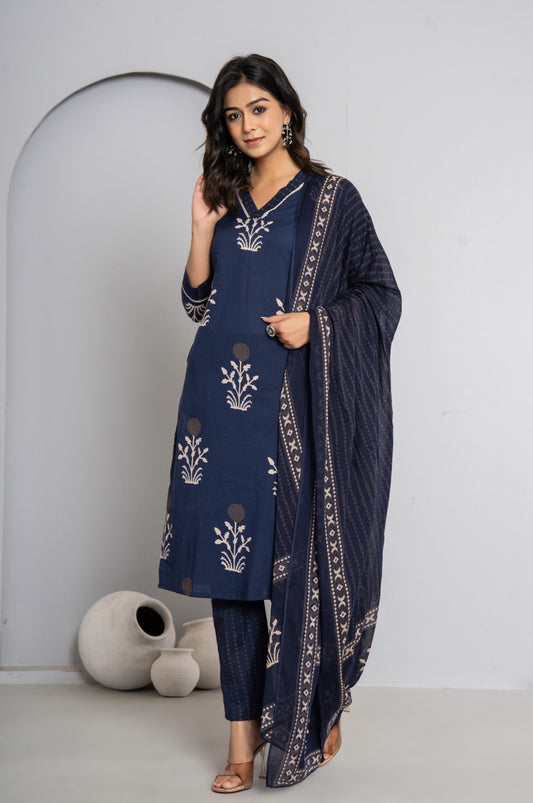 Women’s Cotton Kurta Pant Dupatta Set - Nile Blue, Embroidered Ethnic Wear