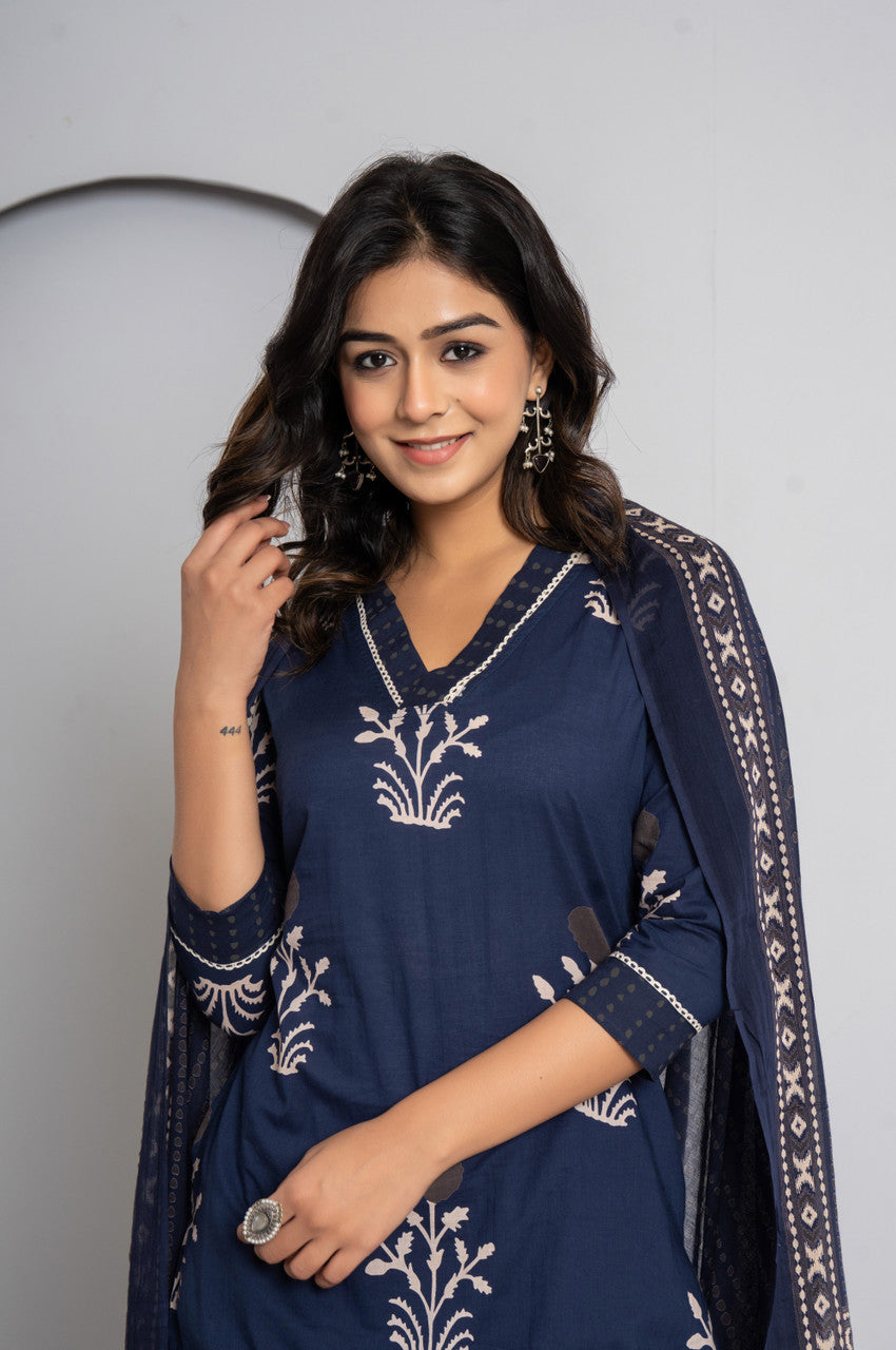 Women’s Cotton Kurta Pant Dupatta Set - Nile Blue, Embroidered Ethnic Wear