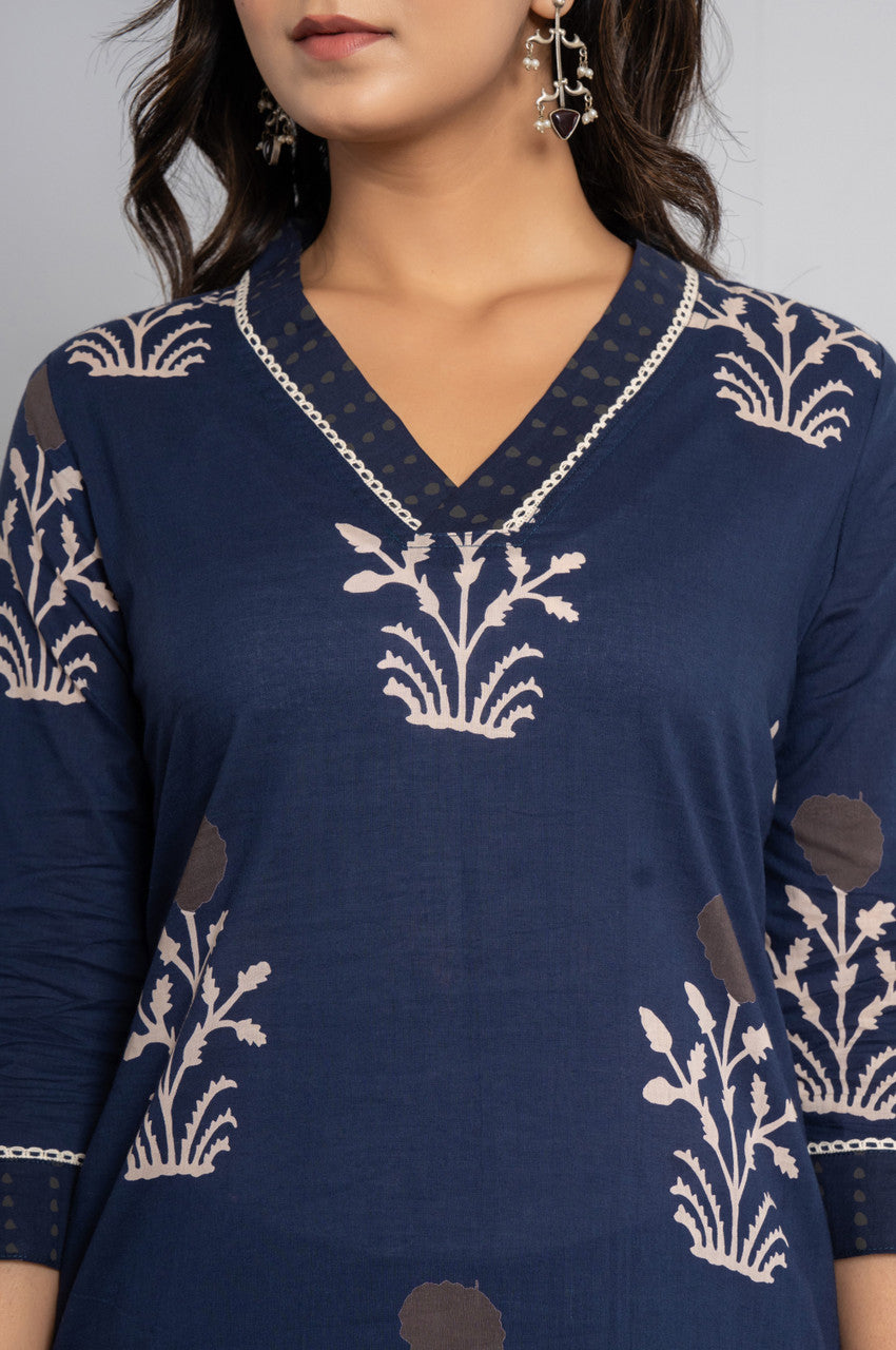 Women’s Cotton Kurta Pant Dupatta Set - Nile Blue, Embroidered Ethnic Wear