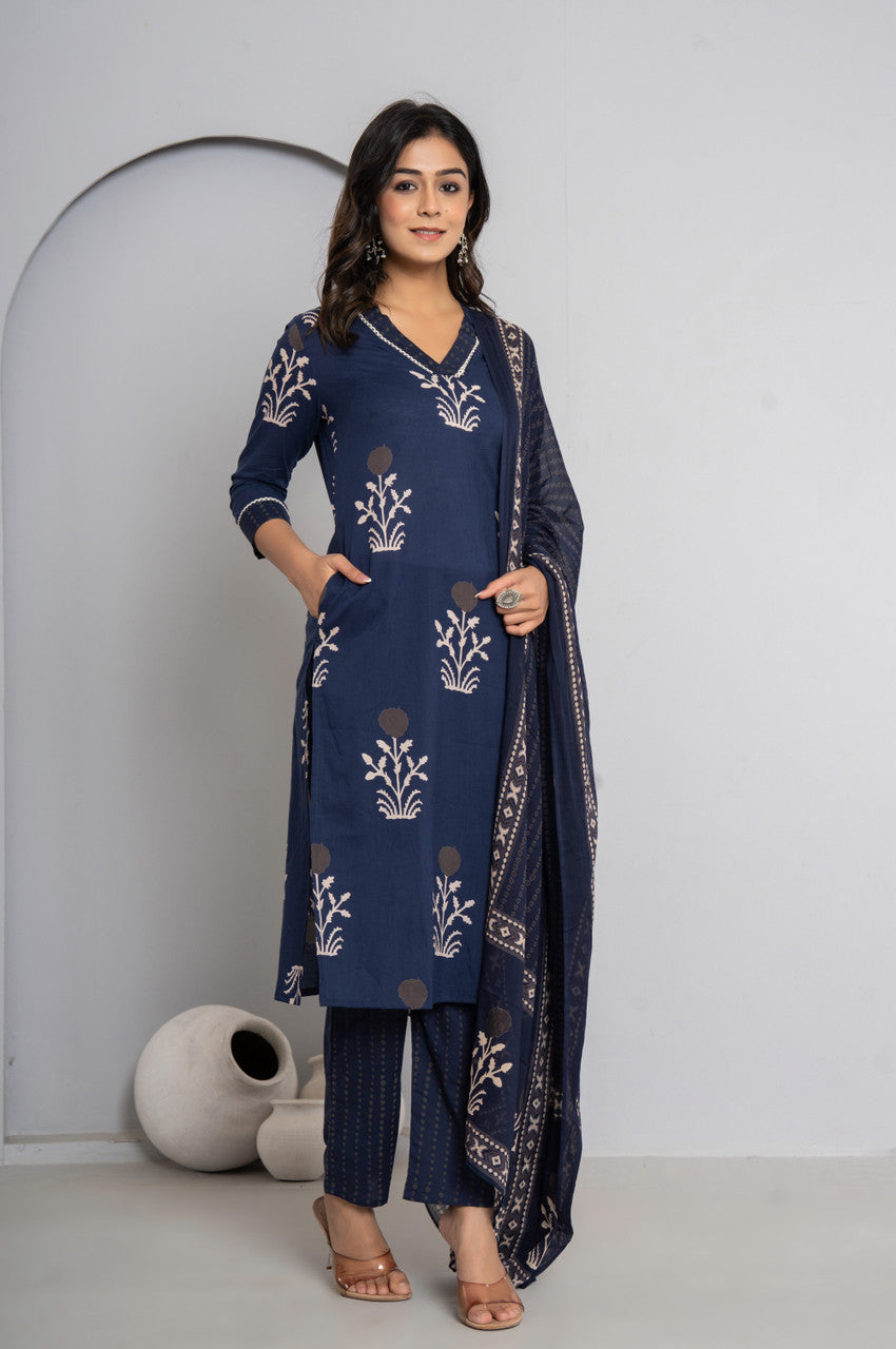 Women’s Cotton Kurta Pant Dupatta Set - Nile Blue, Embroidered Ethnic Wear