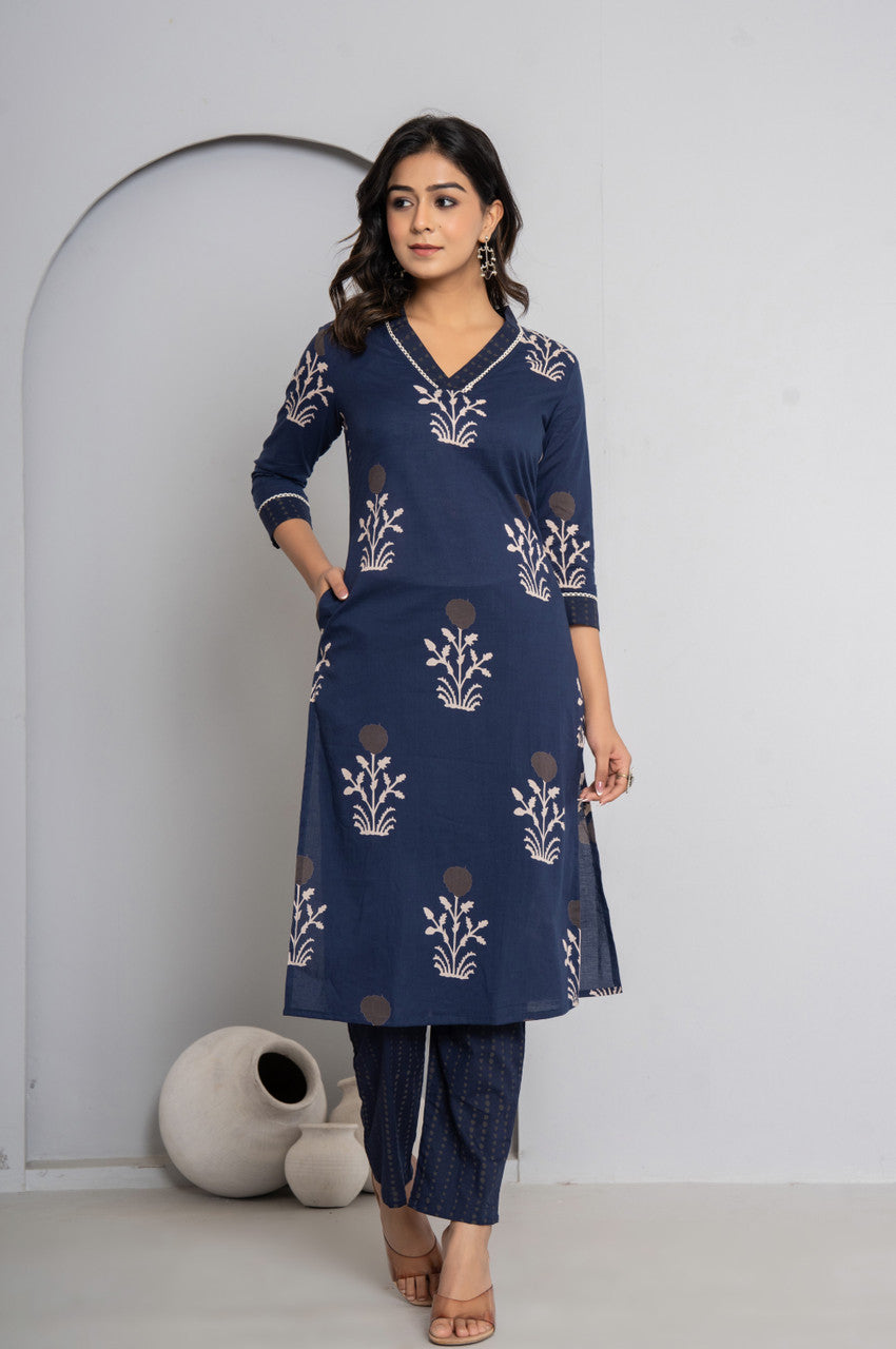 Women’s Cotton Kurta Pant Dupatta Set - Nile Blue, Embroidered Ethnic Wear