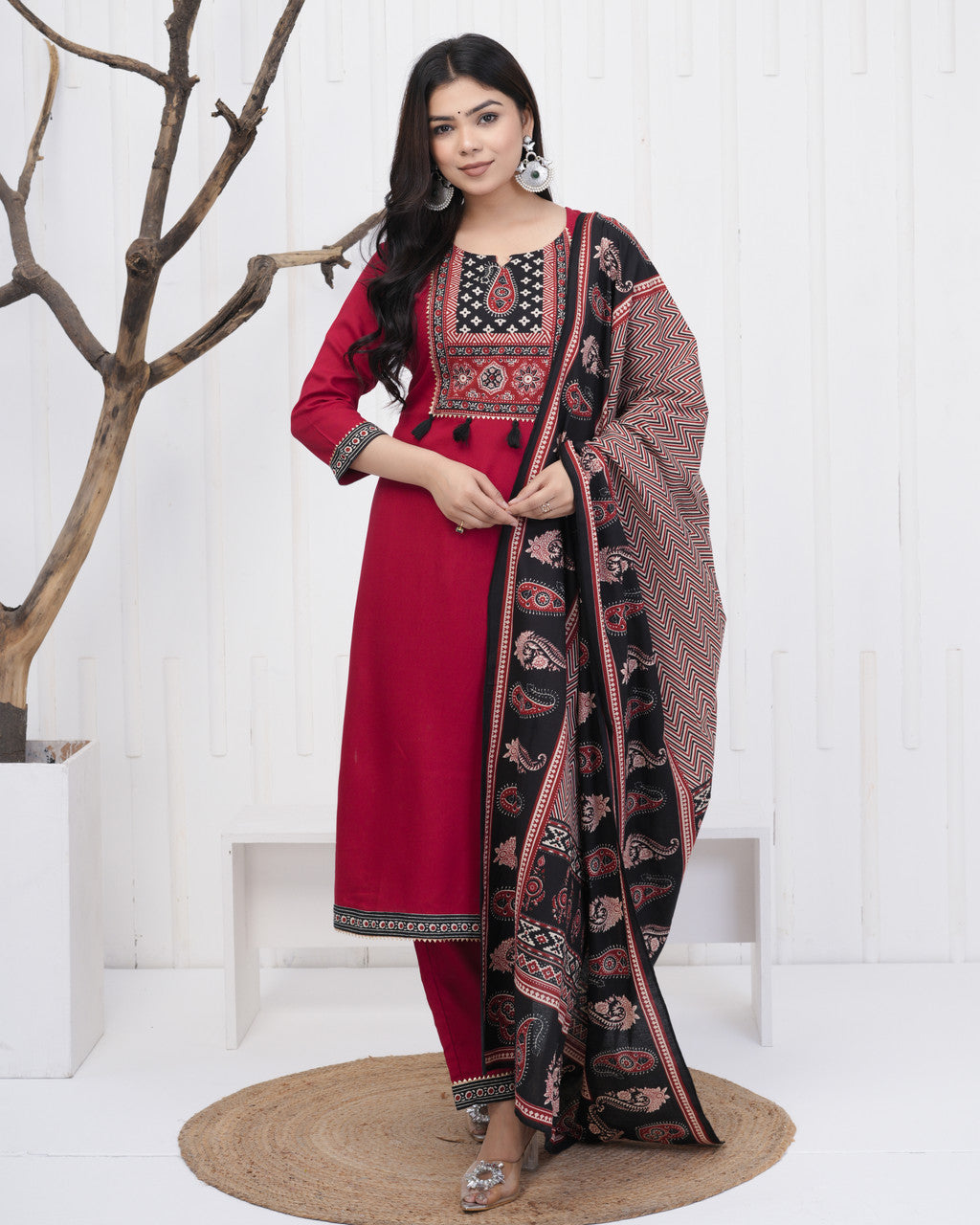 Women’s Red Viscose Rayon Kurta Palazzo Dupatta Set