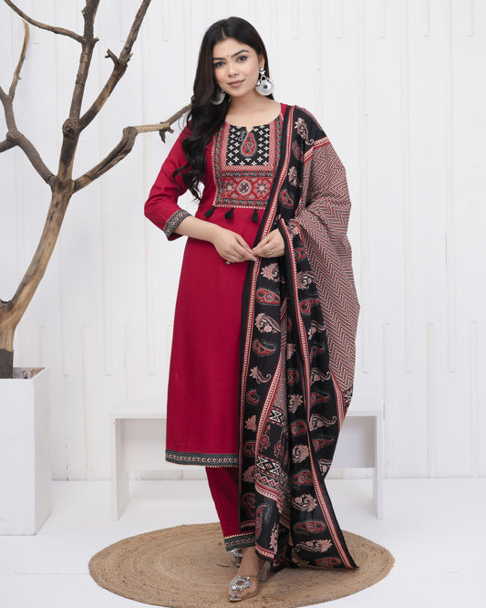 Women’s Red Viscose Rayon Kurta Palazzo Dupatta Set