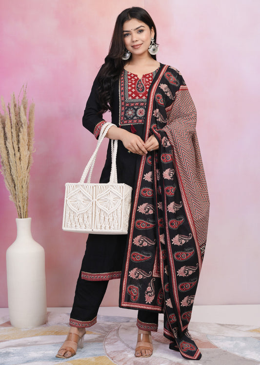 Black & Red Rayon Kurta Palazzo Set with Dupatta