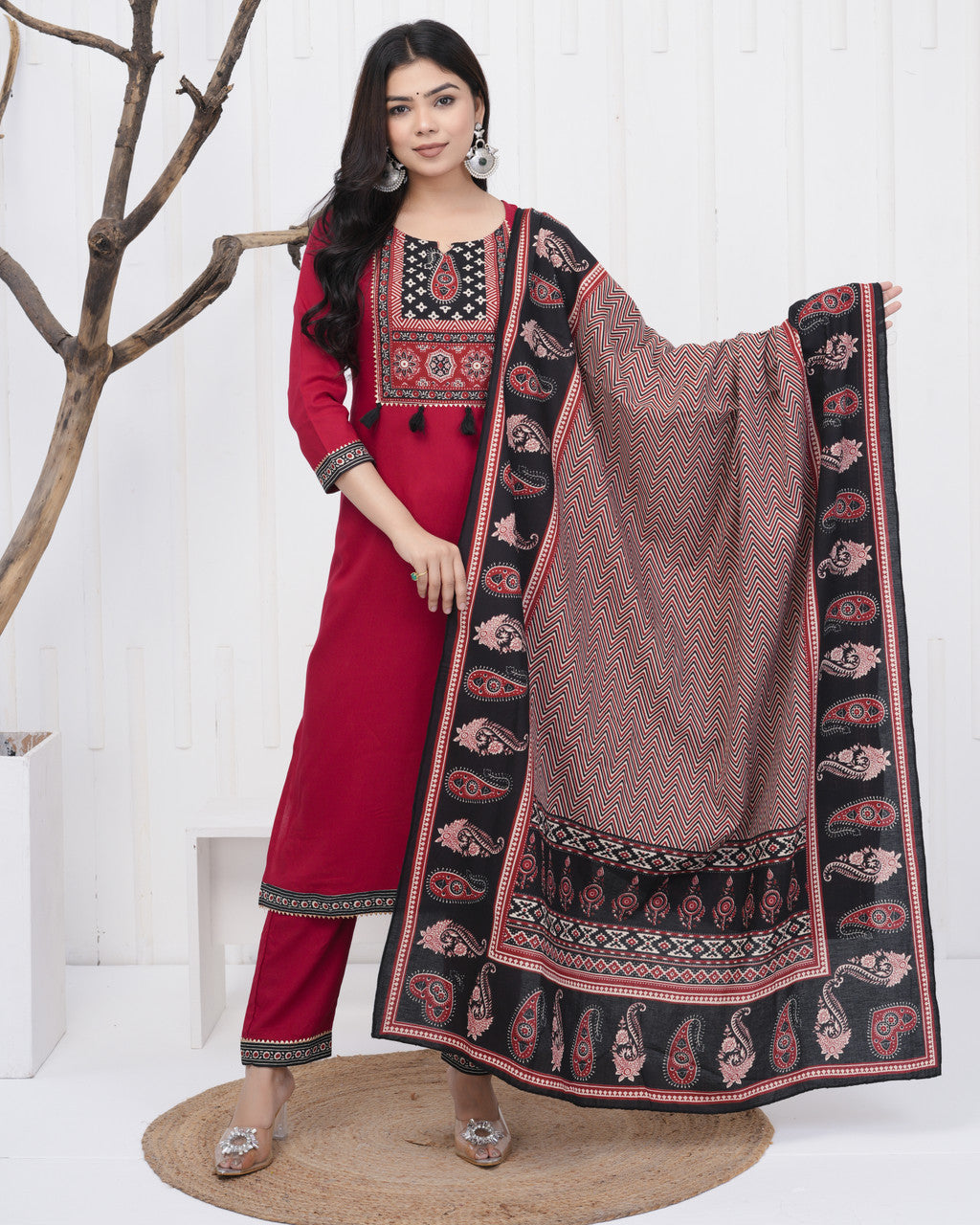 Women’s Red Viscose Rayon Kurta Palazzo Dupatta Set
