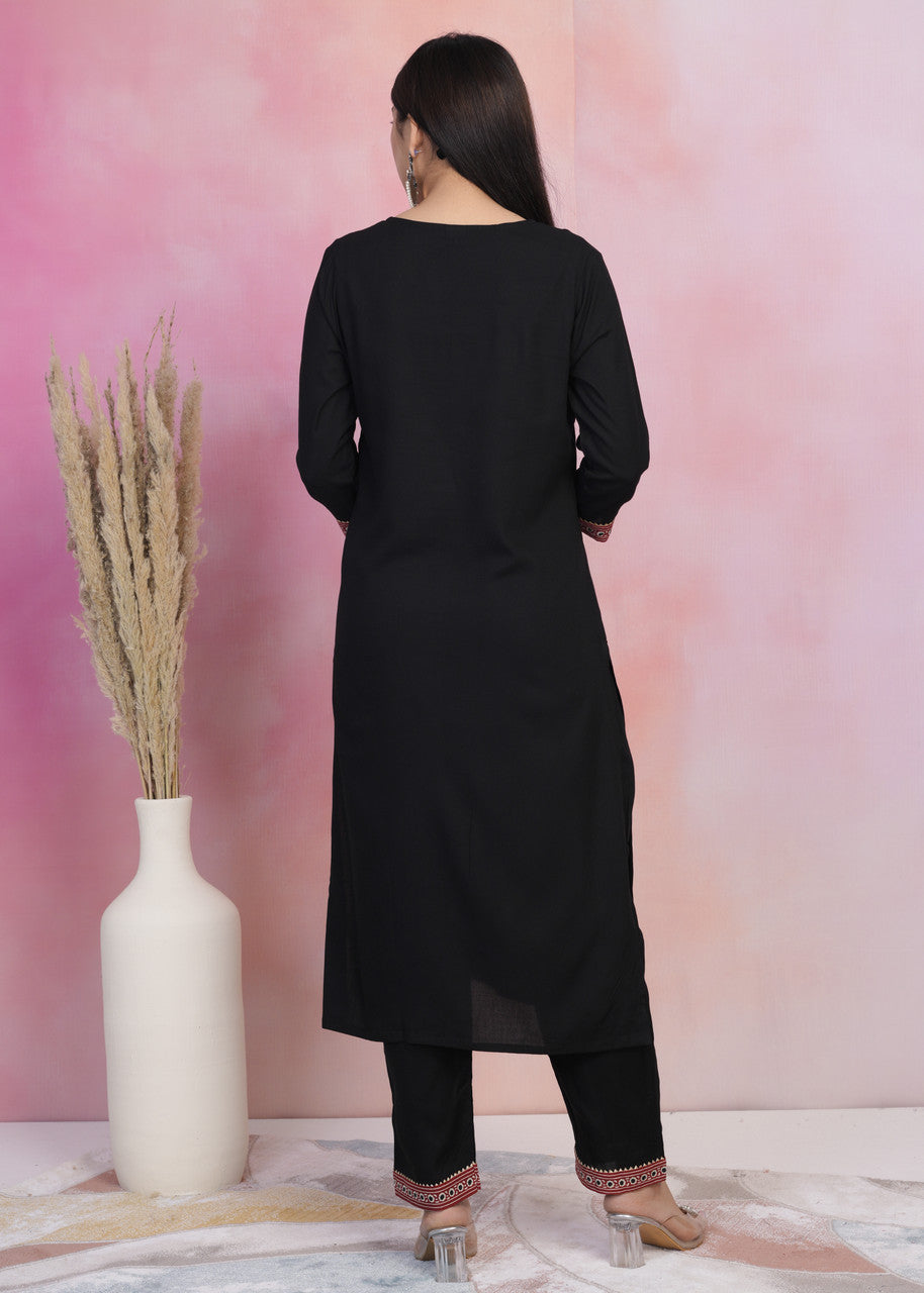 Black & Red Rayon Kurta Palazzo Set with Dupatta