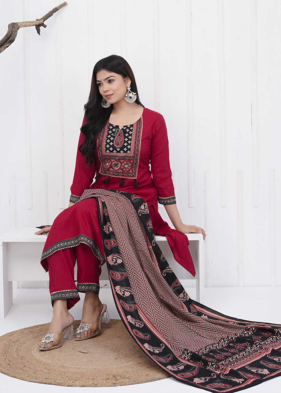 Women’s Red Viscose Rayon Kurta Palazzo Dupatta Set