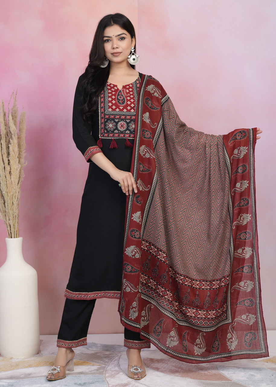 Black & Red Rayon Kurta Palazzo Set with Dupatta