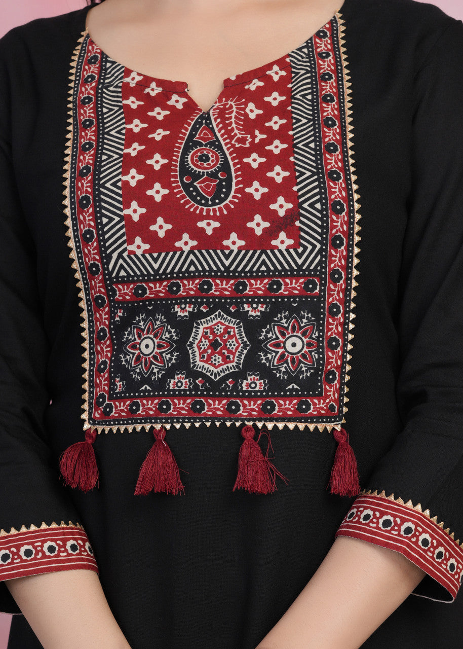 Black & Red Rayon Kurta Palazzo Set with Dupatta