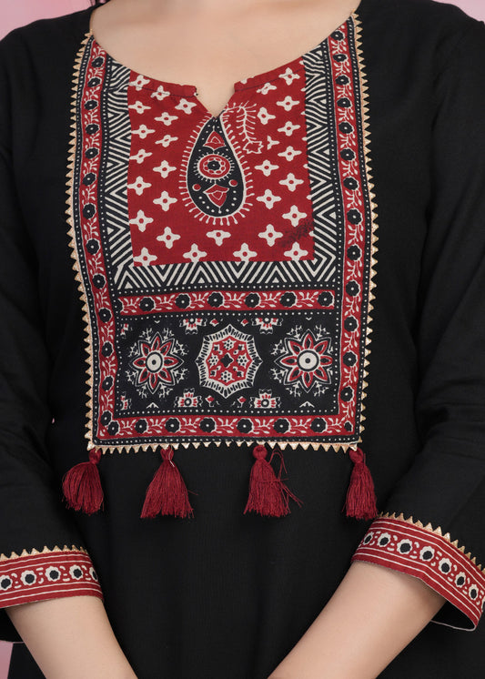 Black & Red Rayon Kurta Palazzo Set with Dupatta