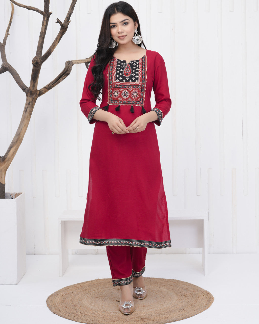 Women’s Red Viscose Rayon Kurta Palazzo Dupatta Set