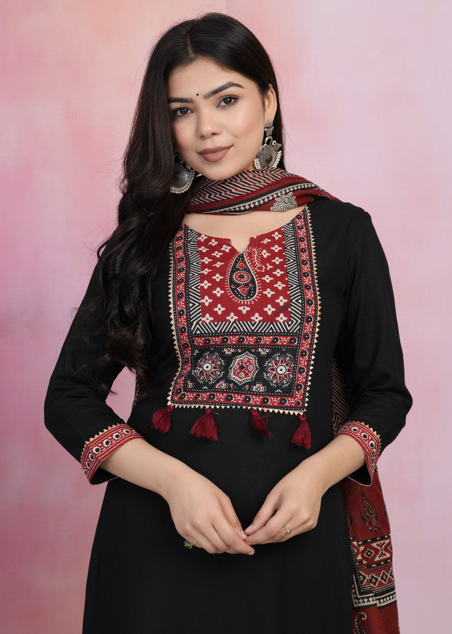 Black & Red Rayon Kurta Palazzo Set with Dupatta