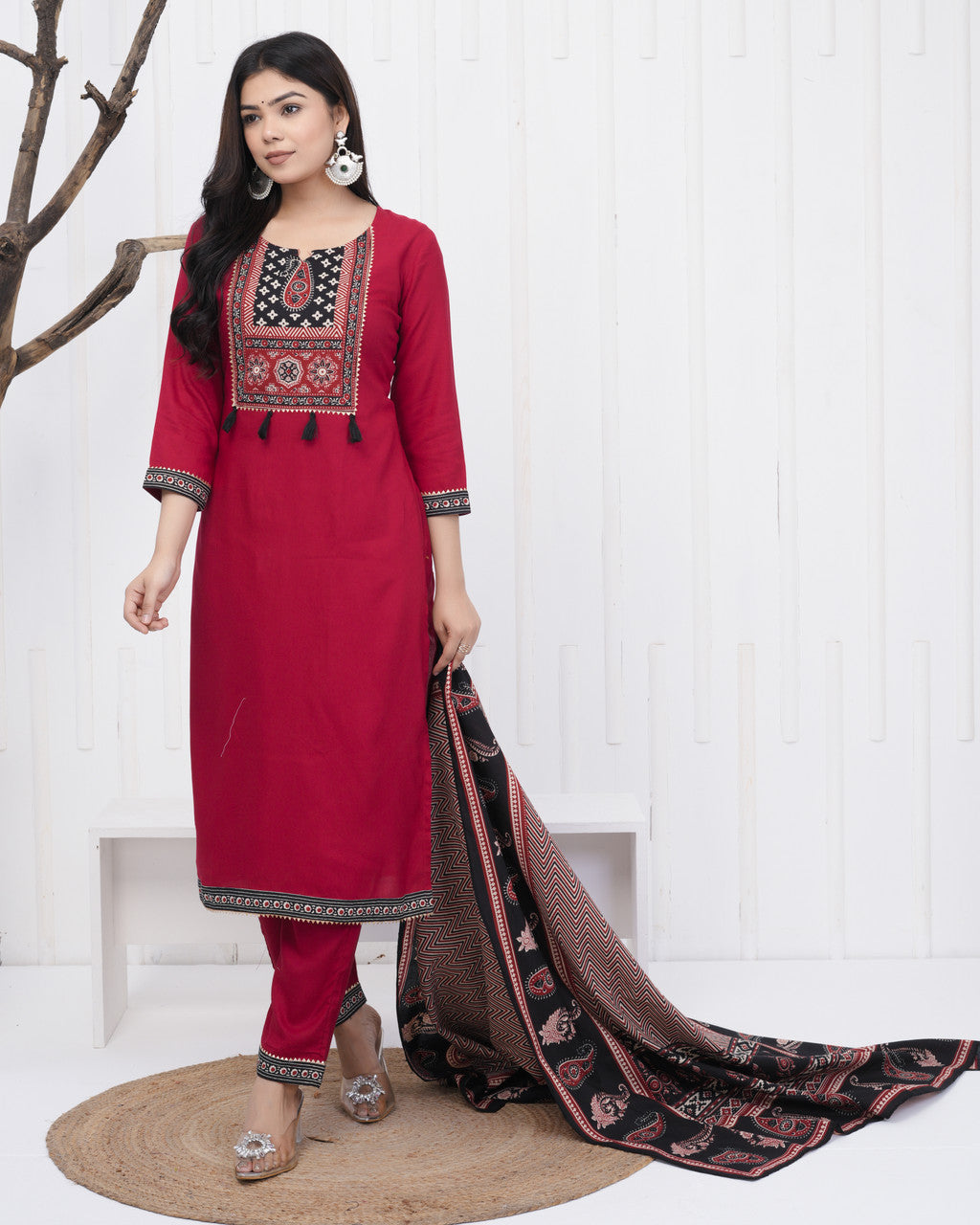 Women’s Red Viscose Rayon Kurta Palazzo Dupatta Set