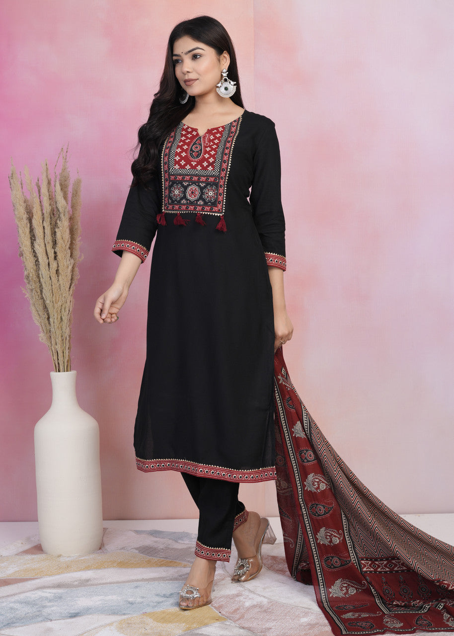 Black & Red Rayon Kurta Palazzo Set with Dupatta