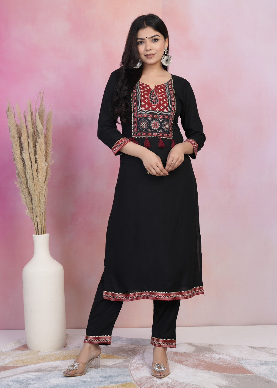Black & Red Rayon Kurta Palazzo Set with Dupatta