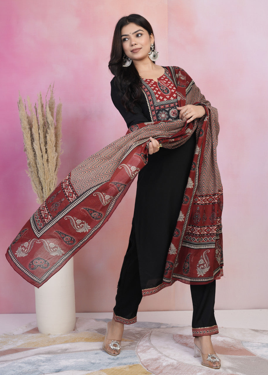 Black & Red Rayon Kurta Palazzo Set with Dupatta