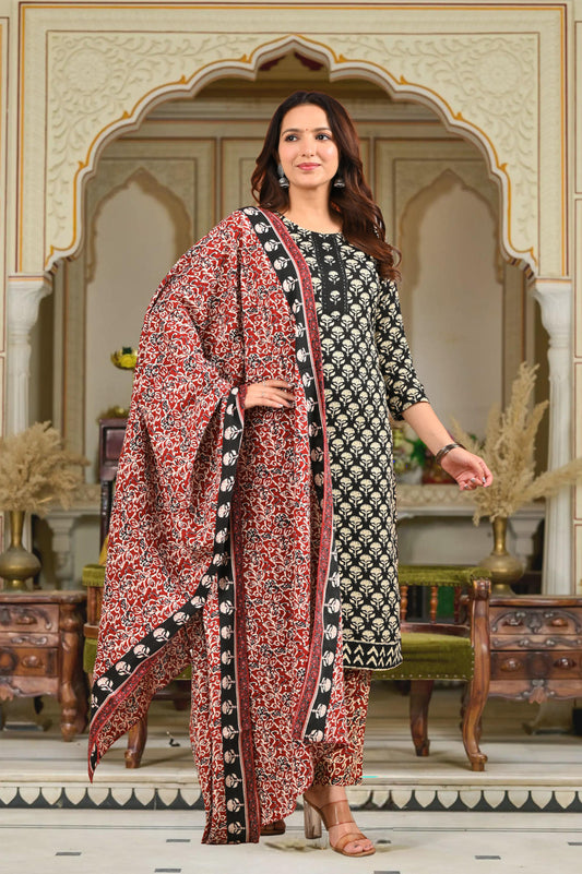 Black & Red Floral Rayon Kurti Pant Dupatta Set