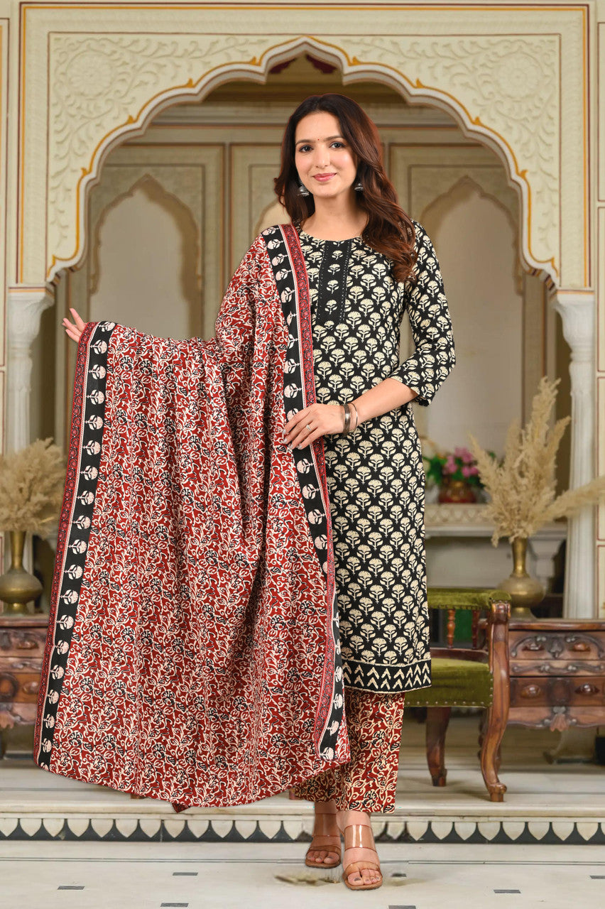 Black & Red Floral Rayon Kurti Pant Dupatta Set